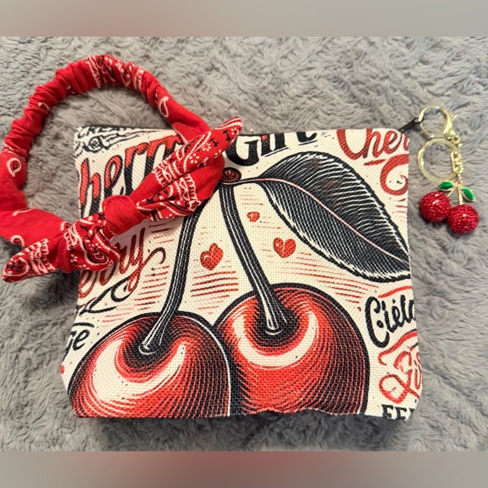 NWT! Cherry Print Canvas Bag with Red Accessories